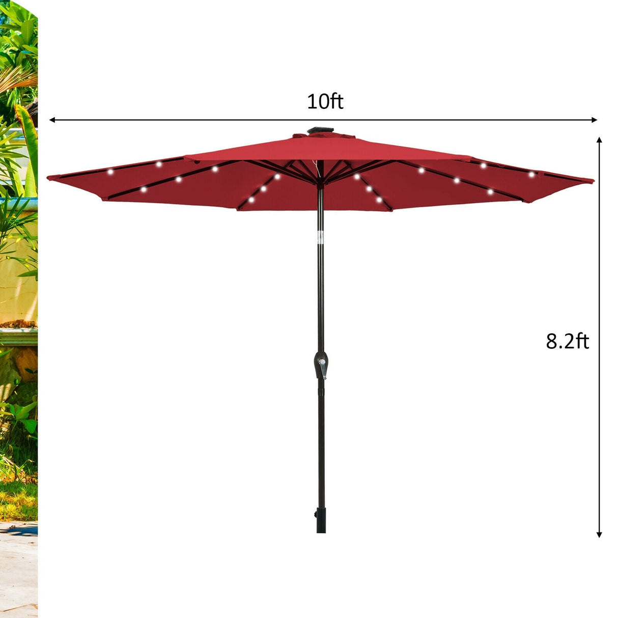 10' Solar LED Lighted Patio Market Umbrella Shade Tilt Adjustment Crank-Dark Red by DirectDeals