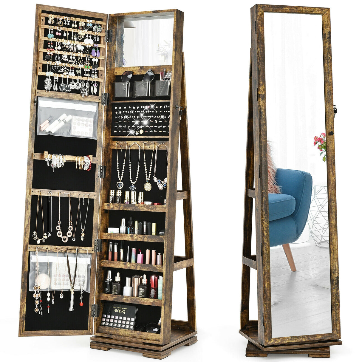 360 ° Rotatable 2-in-1 Lockable Jewelry Cabinet with Full-Length Mirror-Brown