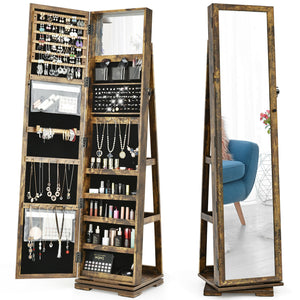 360 ° Rotatable 2-in-1 Lockable Jewelry Cabinet with Full-Length Mirror-Brown