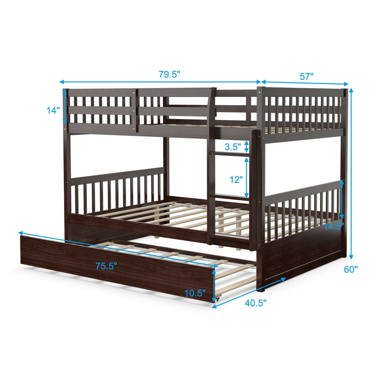 Full over Full Bunk Bed Platform Wood Bed with Ladder-White