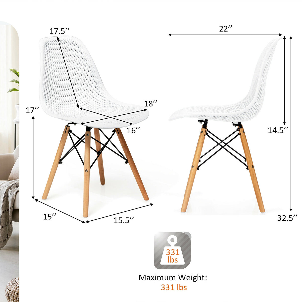 4 Pieces Modern Plastic Hollow Chair Set with Wood Leg-Black