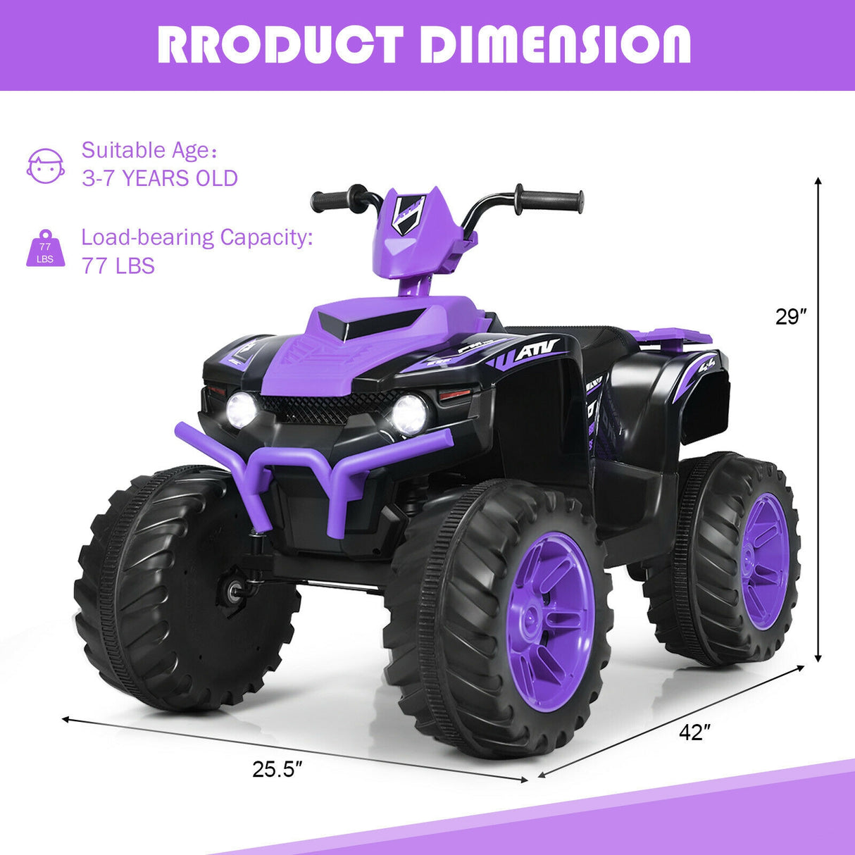 12V Kids Ride on ATV with LED Lights and Treaded Tires and LED lights-Black