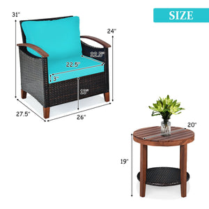 3 Pieces Patio Rattan Furniture Set with Washable Cushion and Acacia Wood Tabletop-Blue