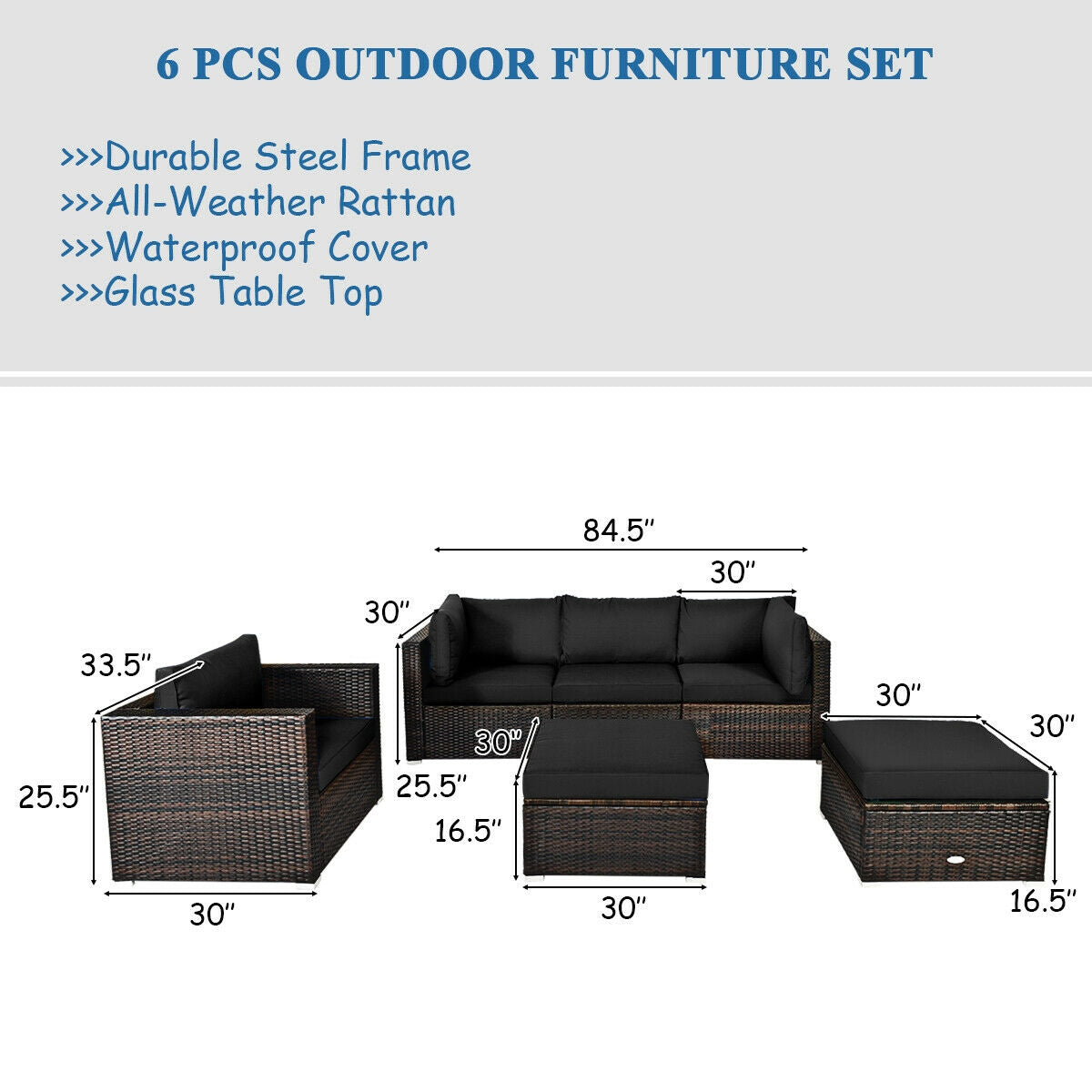 6 Pcs Patio Rattan Furniture Set with Sectional Cushion-Blue