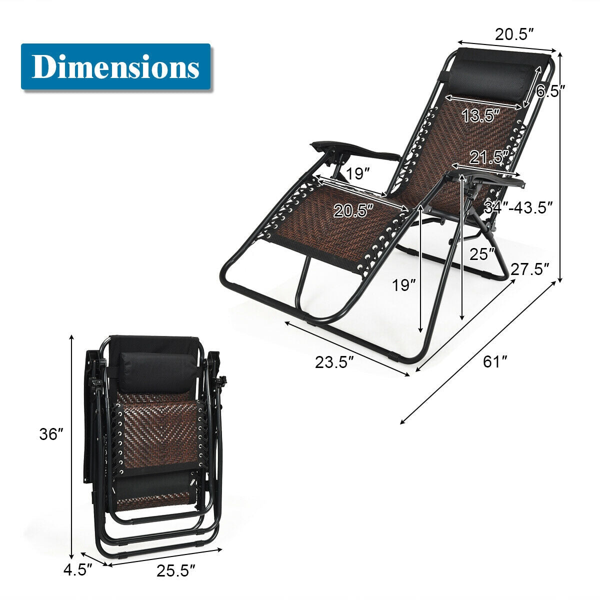 2 Pieces Folding Patio Rattan Zero Gravity Lounge Chair-Light Brown