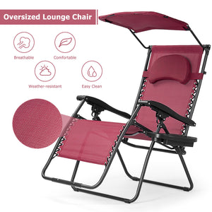 Folding Recliner Lounge Chair with Shade Canopy Cup Holder-Brown