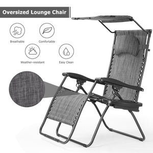 Folding Recliner Lounge Chair with Shade Canopy Cup Holder-Brown