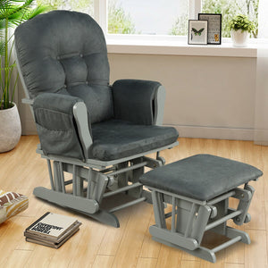 Wood Glider and Ottoman Set with Padded Armrests and Detachable Cushion-Brown