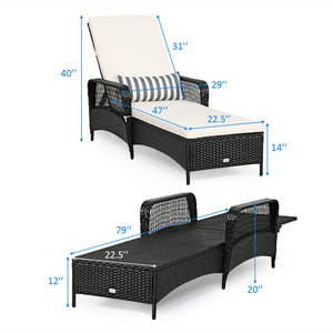 PE Rattan Armrest Chaise Lounge Chair with Adjustable Pillow-Off White