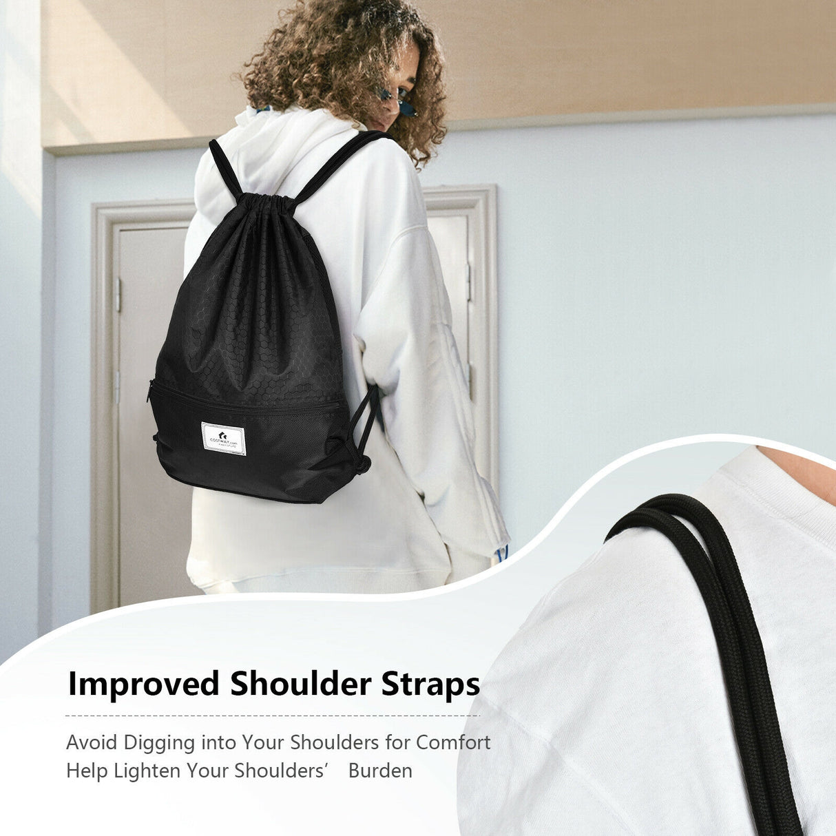 Drawstring Backpack String Bag Foldable Sports Sack with Zipper Pocket-Black