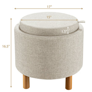 Round Fabric Storage Ottoman with Tray and Non-Slip Pads for Bedroom-Gray