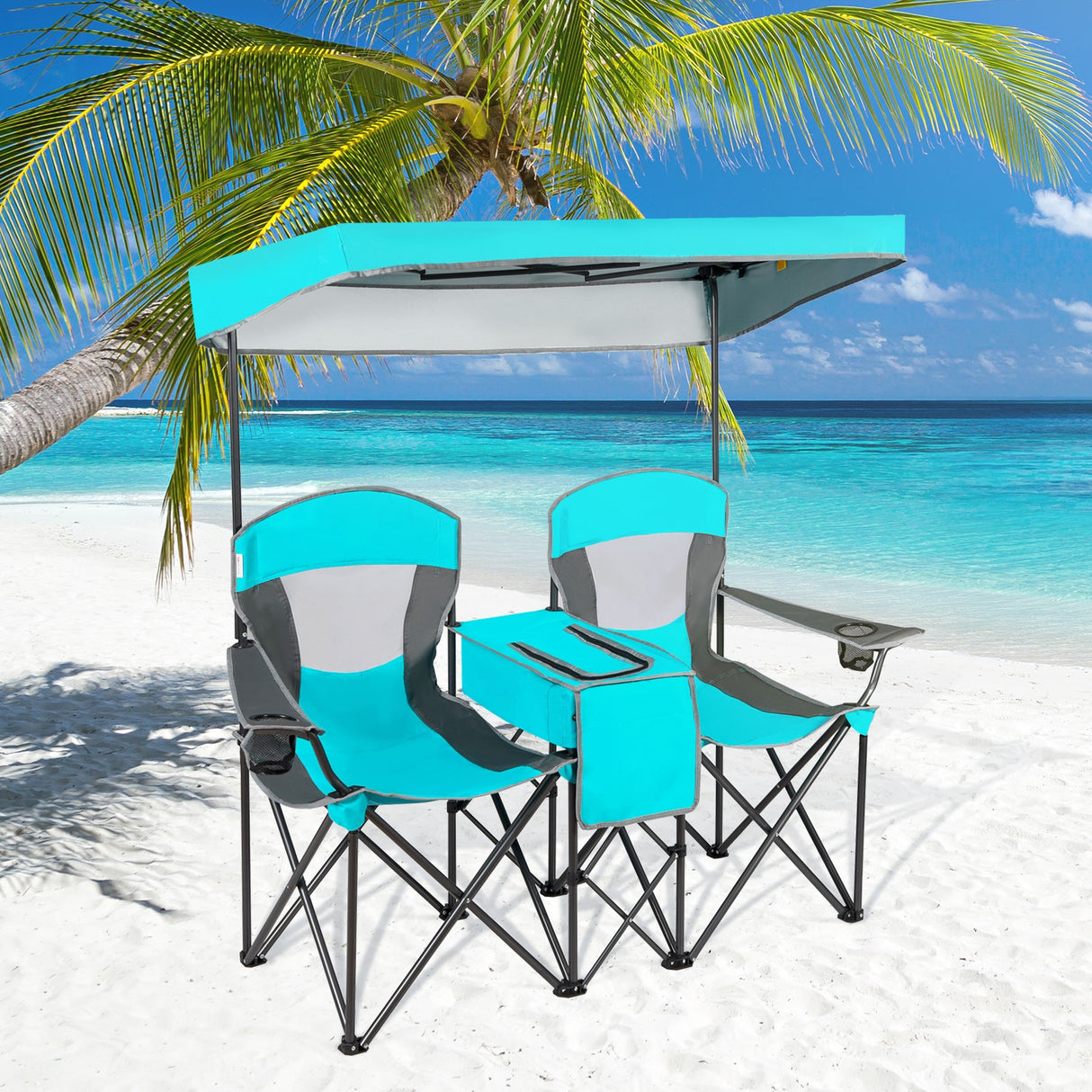Patented Portable Folding Camping Canopy Chairs with Cup Holder-Blue