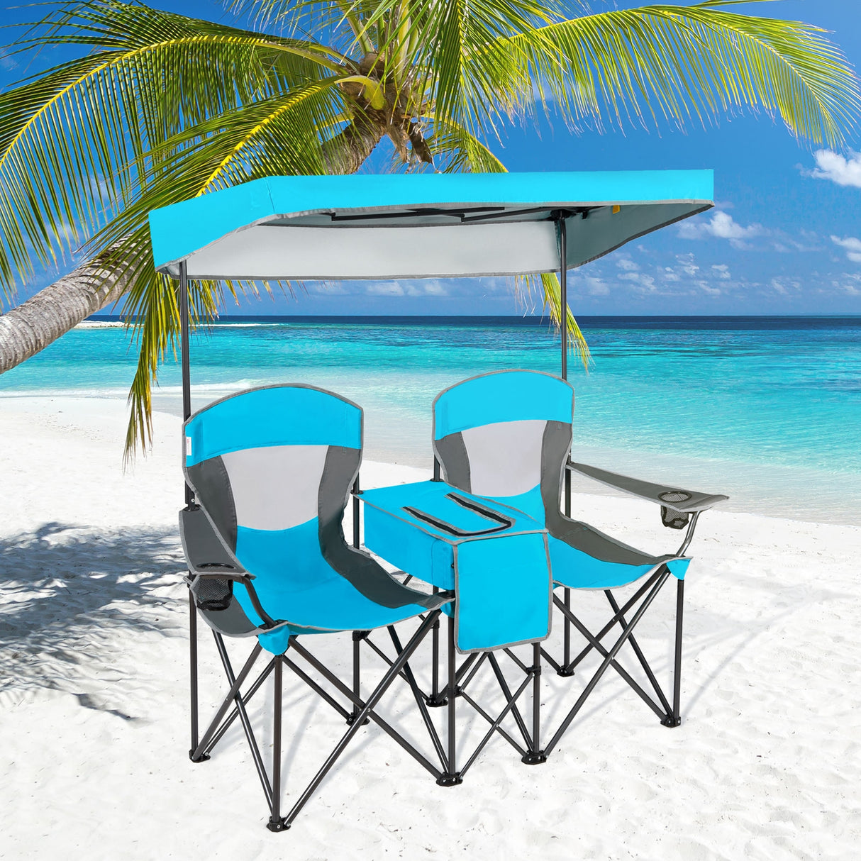 Patented Portable Folding Camping Canopy Chairs with Cup Holder-Blue