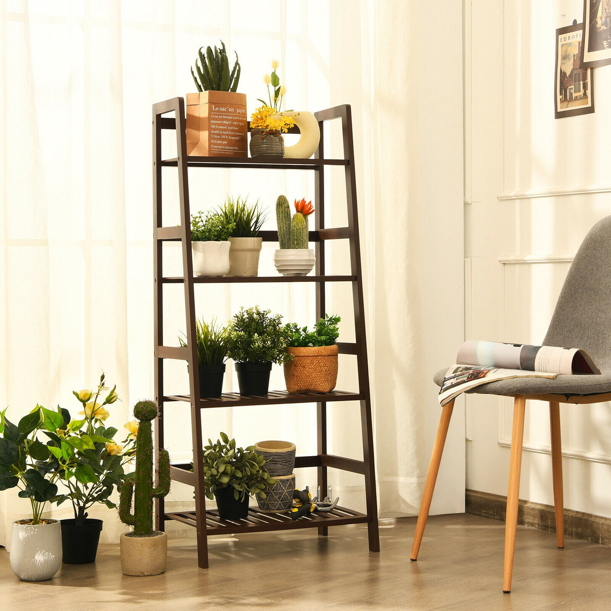 4-Tier Bamboo Plant Rack with Guardrails Stable and Space-Saving-Natural