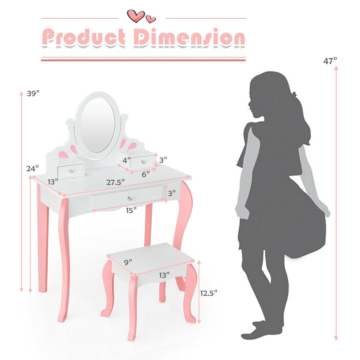 Kids Vanity Princess Makeup Dressing Table Stool Set with Mirror and Drawer-Pink