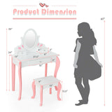 Kids Vanity Princess Makeup Dressing Table Stool Set with Mirror and Drawer-Pink