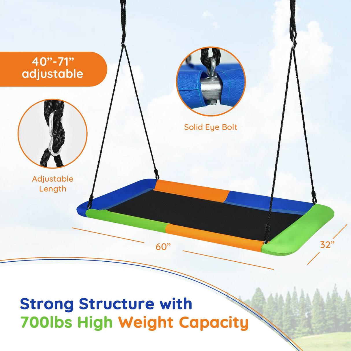 60 Inches Platform Tree Swing Outdoor with  2 Hanging Straps-Multicolor