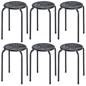 Set of 6 Stackable Multifunctional Daisy Design Backless Round Metal Stool Set-Black