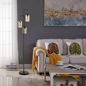 Retro Floor Lamp with 3-Head Hanging Amber Glass Shade