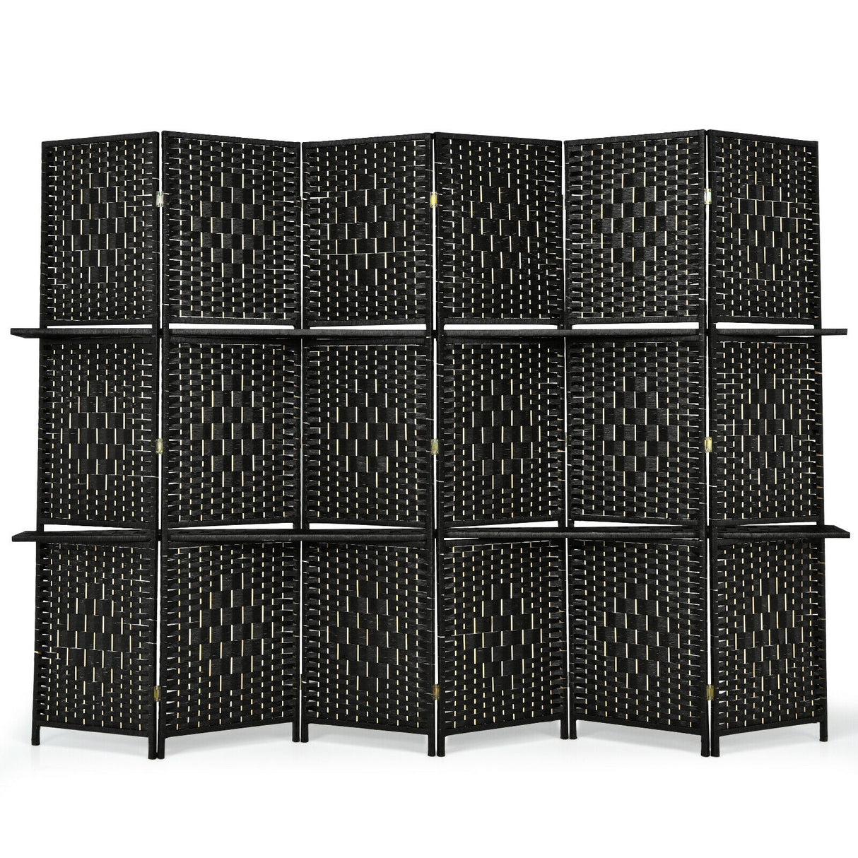 6 Panel Folding Weave Fiber Room Divider with 2 Display Shelves -Brown
