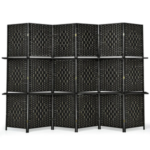 6 Panel Folding Weave Fiber Room Divider with 2 Display Shelves -Brown