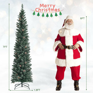 Snowy Artificial Pencil Christmas Tree with Pine Cones-7 ft