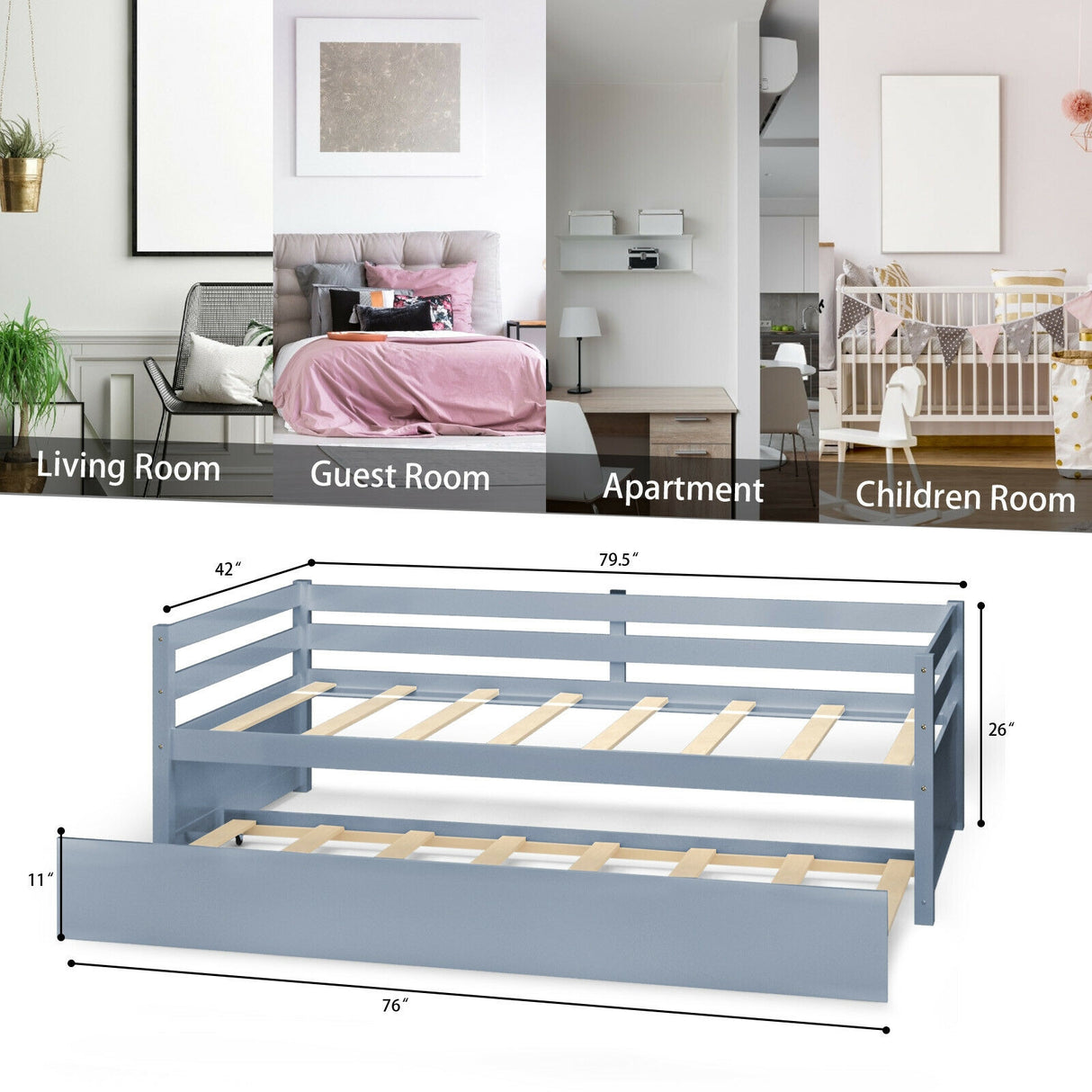 Twin Size Wooden Slat Trundle Platform-Dark Brown