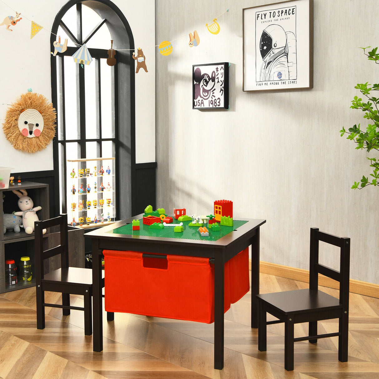 2-in-1 Kids Activity Table and 2 Chairs Set with Storage Building Block Table-Espresso