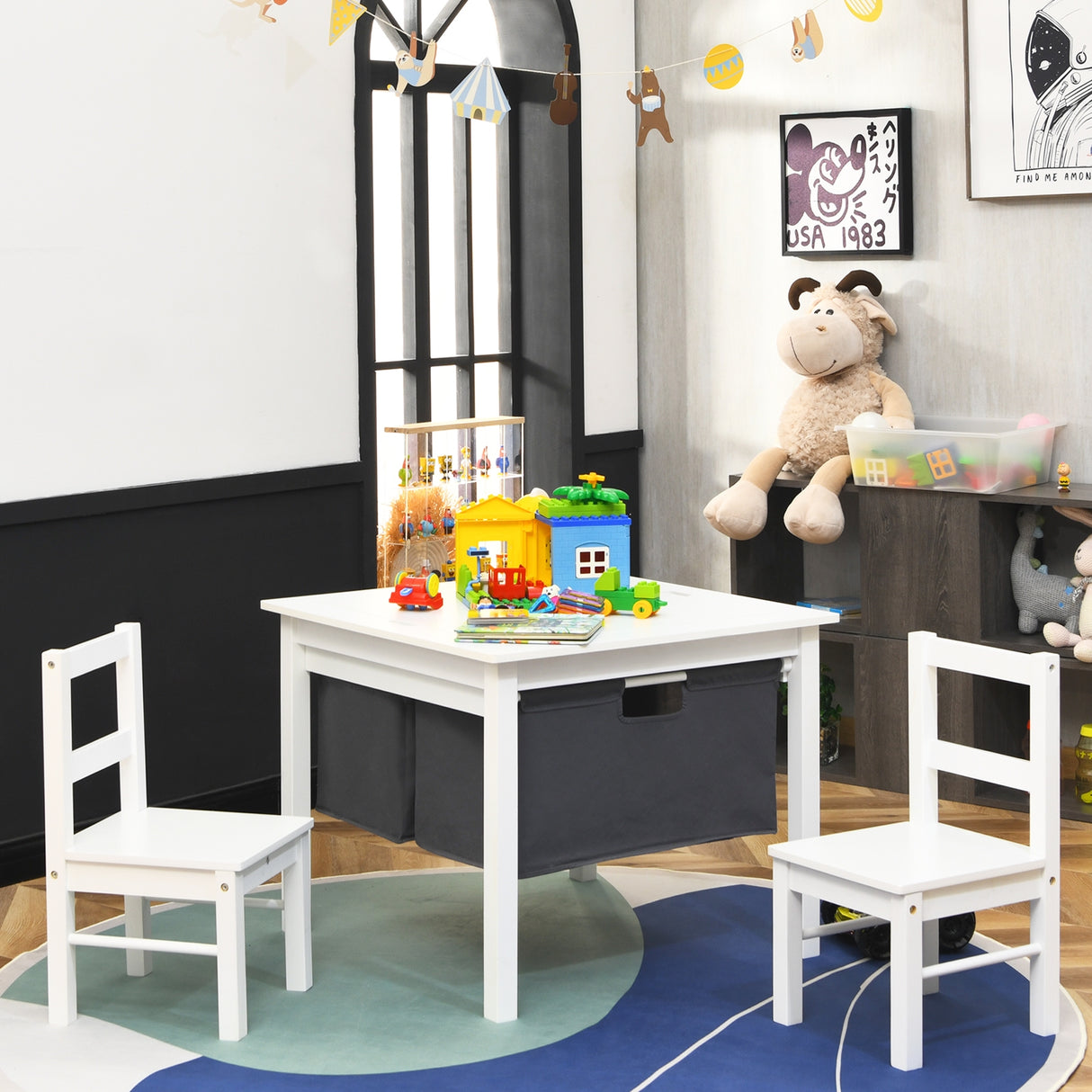 2-in-1 Kids Activity Table and 2 Chairs Set with Storage Building Block Table-Espresso