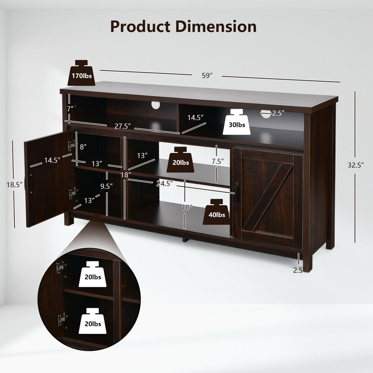59 Inch TV Stand Media Center Console Cabinet with Barn Door for TV's 65 Inch-Black