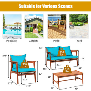 4 Pieces Acacia Wood Patio Rattan Furniture Set with Zippered Cushions-Brown