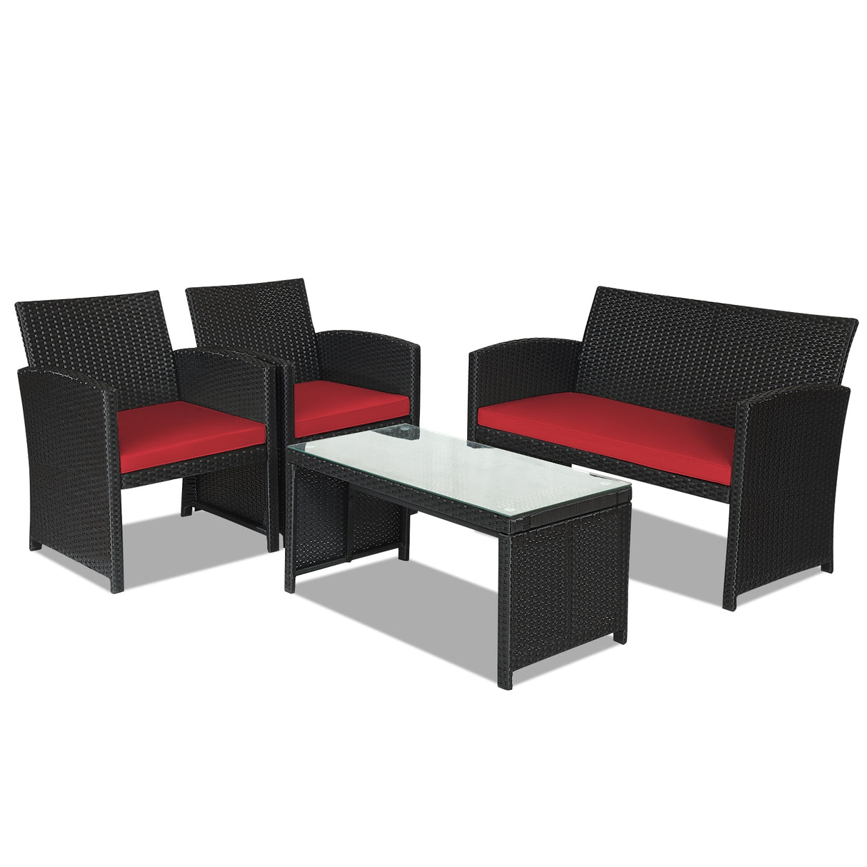 4 Pieces Rattan Patio Furniture Set with Weather Resistant Cushions and Tempered Glass Tabletop-White