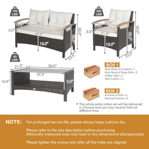 4 Pieces Patio Rattan Furniture Set with Cushioned Sofa and Storage Table-White