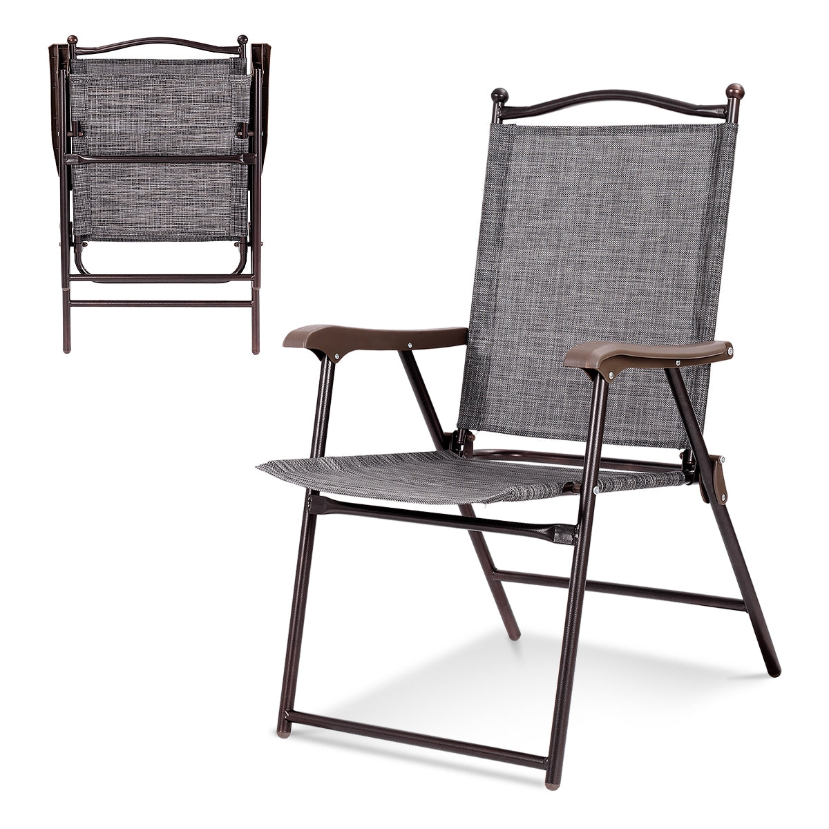 Set of 2 Patio Folding Sling Back Camping Deck Chairs-Black