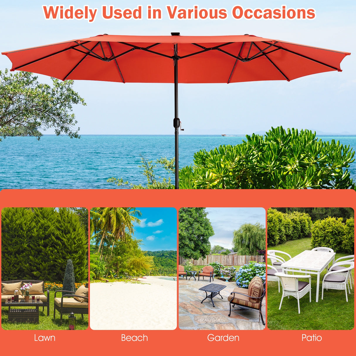 15 Feet Twin Patio Umbrella with 48 Solar LED Lights-Beige