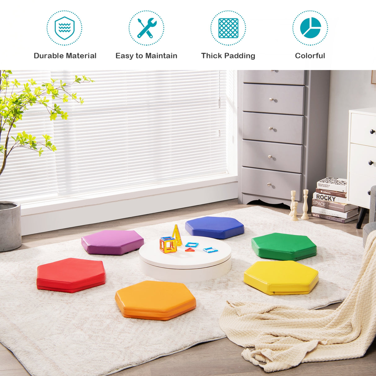 6 Pieces Multifunctional Hexagon Toddler Floor Cushions Classroom Seating with Handles-Blue