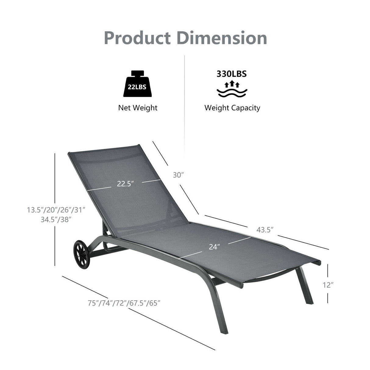 6-Poisition Adjustable Outdoor Chaise Recliner with Wheels-Black