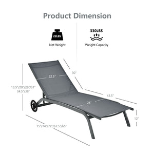 6-Poisition Adjustable Outdoor Chaise Recliner with Wheels-Black