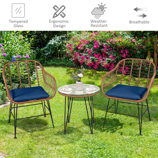 3 Pieces Patio Rattan Bistro Set with Cushion-Navy