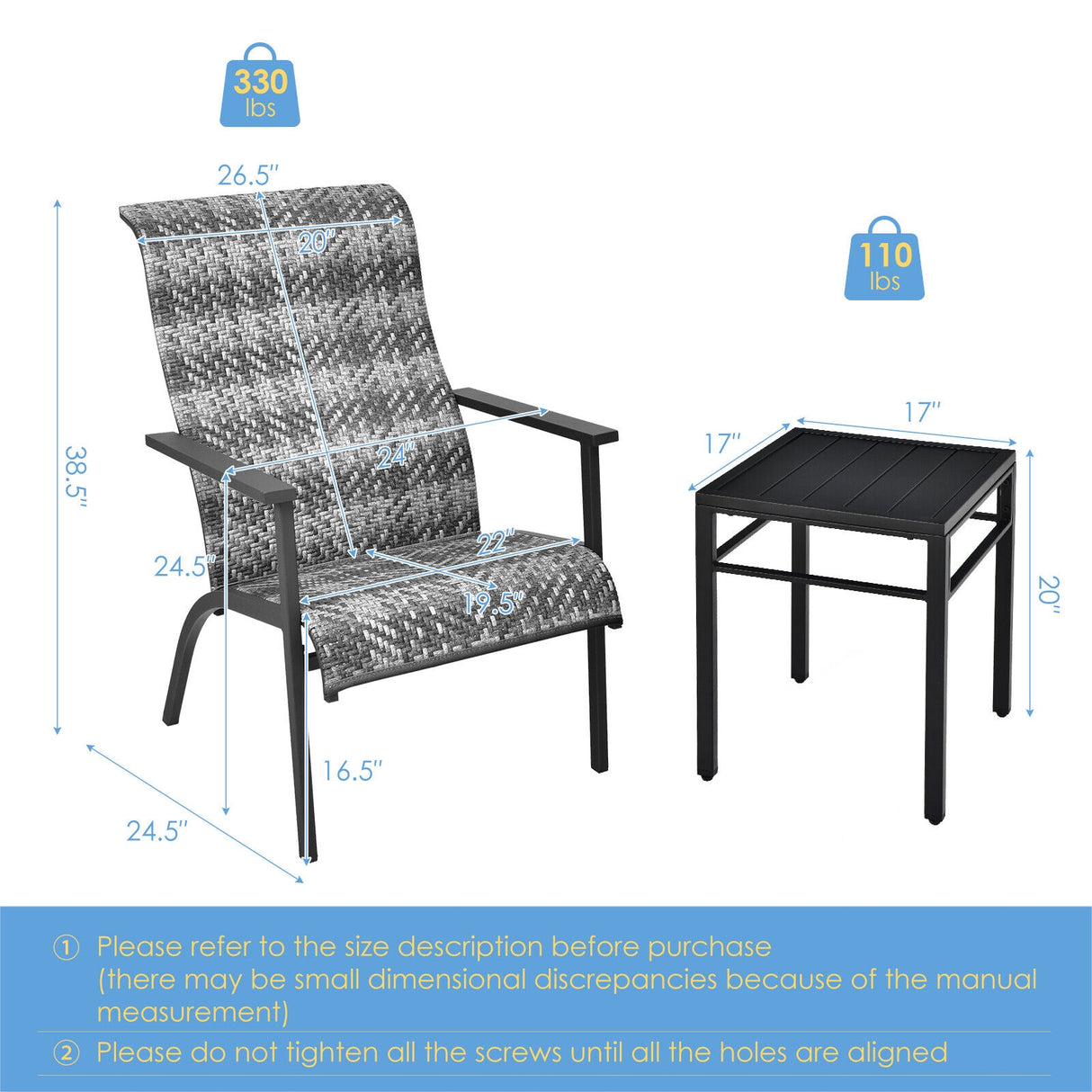 3 Pieces Patio Rattan Bistro Set with High Backrest and Armrest-Brown