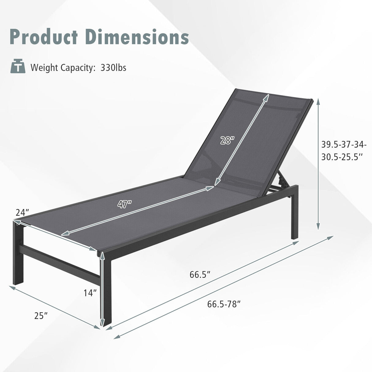 6-Position Chaise Lounge Chairs with Rustproof Aluminium Frame-Black