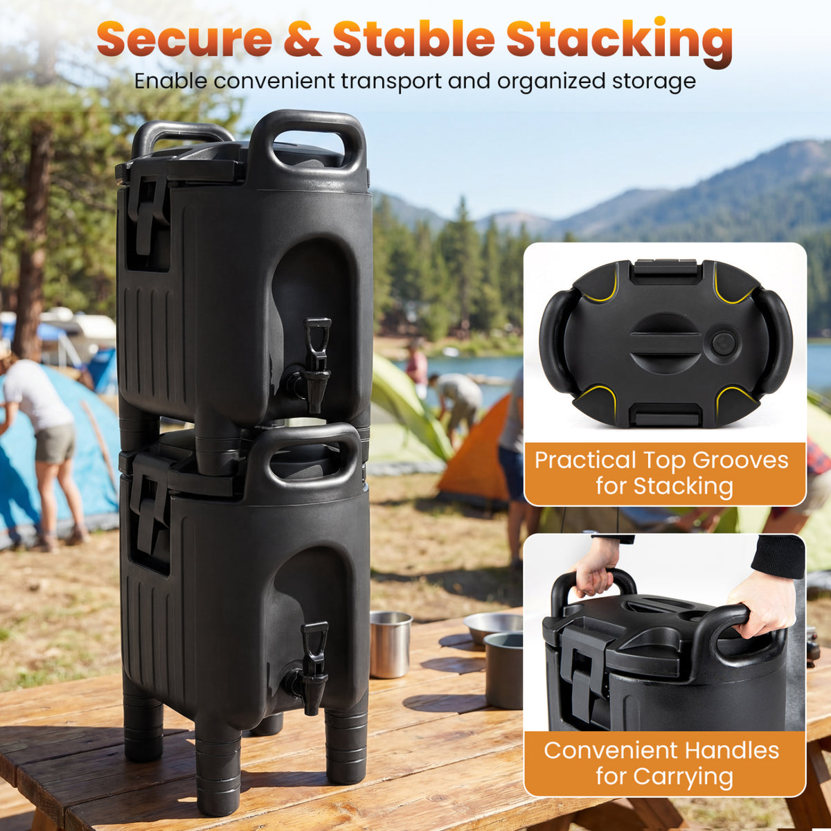 2.6 Gal Insulated Beverage Dispenser with Handles and Two-Stage Faucet-Black