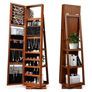 360 ° Rotatable 2-in-1 Lockable Jewelry Cabinet with Full-Length Mirror-Brown