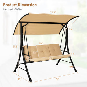 3-Seat Outdoor Porch Swing with Adjustable Canopy and Padded Cushions-Beige