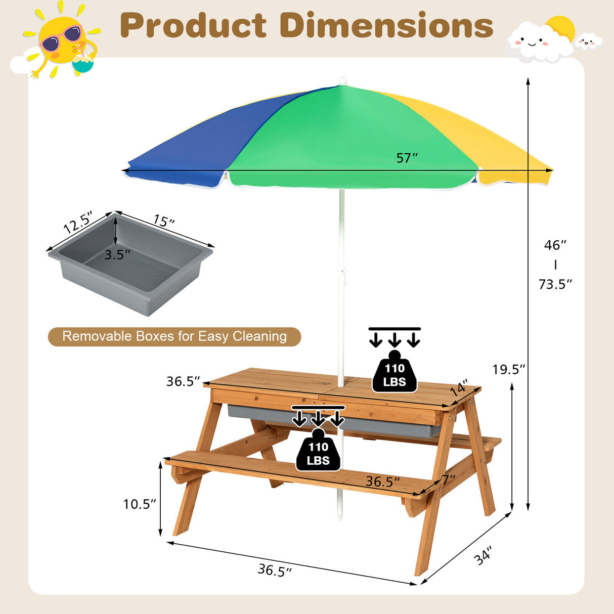 3-in-1 Kids Outdoor Picnic Water Sand Table with Umbrella Play Boxes-Green