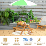 3-in-1 Kids Outdoor Picnic Water Sand Table with Umbrella Play Boxes-Green