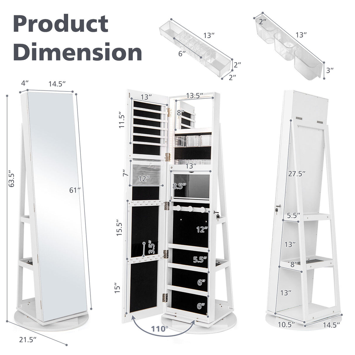 360 ° Rotating Mirrored Jewelry Cabinet Armoire 3 Color LED Modes Lockable-White