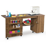 Folding Sewing Table Shelves Storage Cabinet Craft Cart with Wheels-White