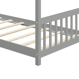 Twin Size Wooden House Bed with Roof-Gray