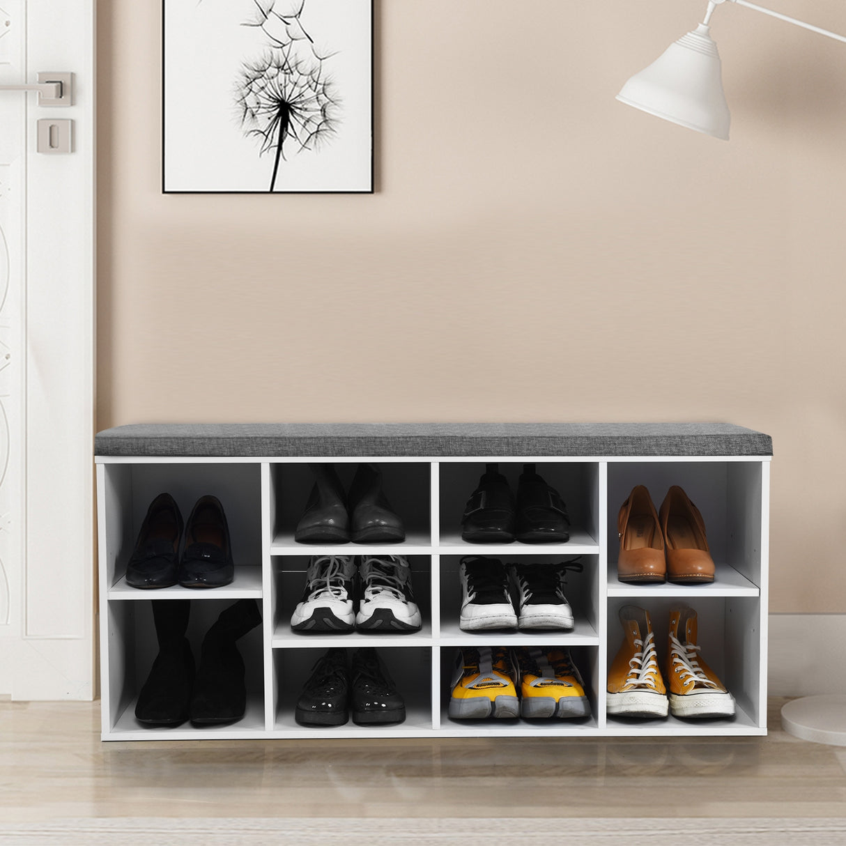10-Cube Organizer Shoe Storage Bench with Cushion for Entryway-White